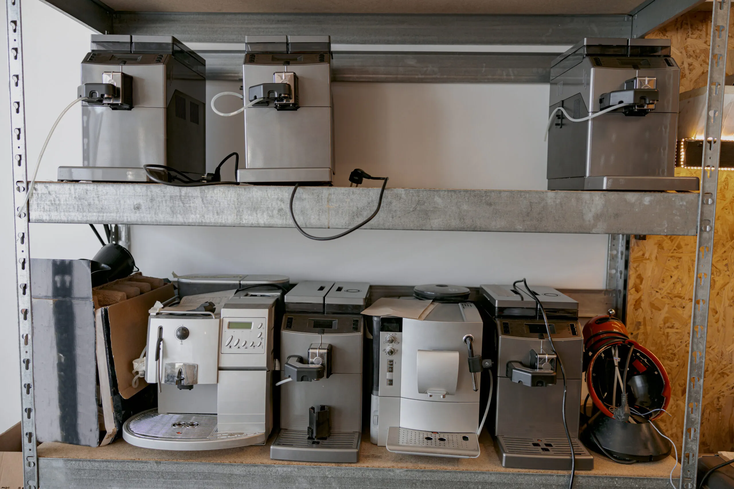 Warehouse with coffee machines ready to work. High quality photo